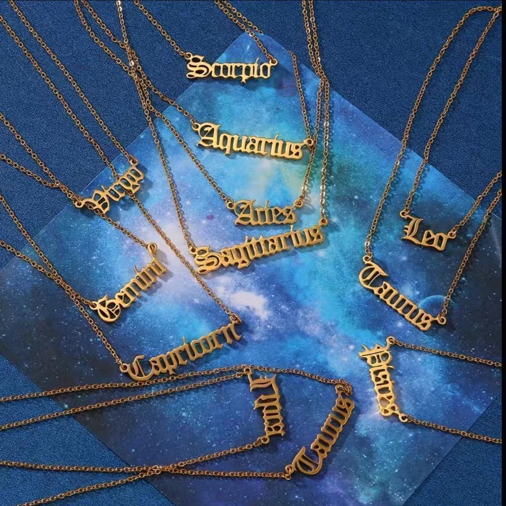 ⭐️14k Gold 18” Figaro Zodiac  Name Plate Necklace.(All 12signs available)